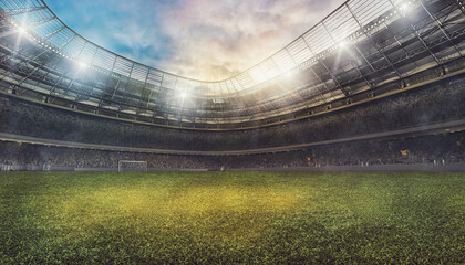 Football stadium with the stands full of fans waiting for the game. 3D Rendering © alphaspirit