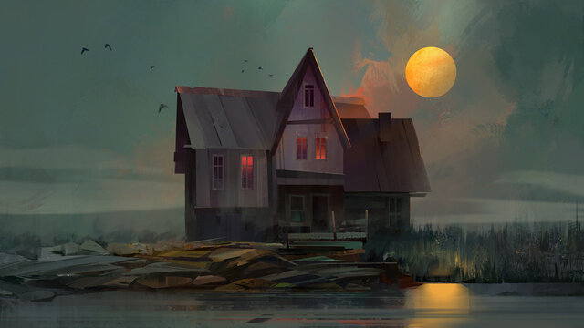 Painted landscape with an old house on a gloomy quiet night