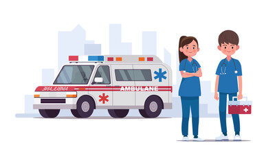 Ambulance staff. Couple of doctors. Vector illustration in a flat style