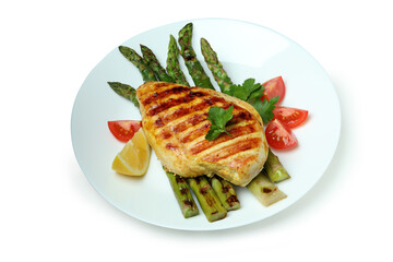 Plate with grilled chicken and ingredients isolated on white background