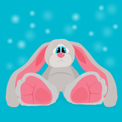 Sad teddy rabbit with big eyes and long ears on a blue background. Vector illustration.