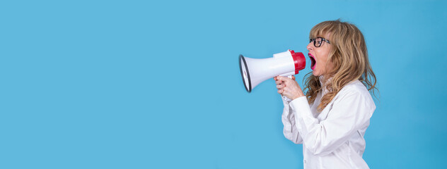 woman shouting with megaphone isolated