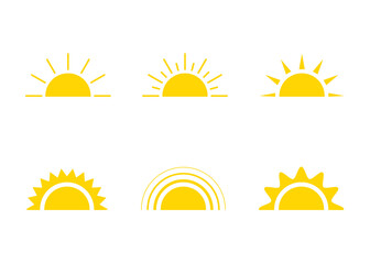 Yellow sun icon, sunshine and sunrise or sunset. Decorative sun and sunlight. Hot solar energy for tan. Vector sign