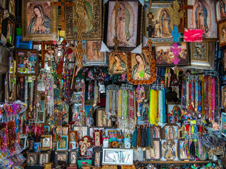 Souvenir shop selling religious items outside the Basilica of Our Lady of Guadalupe in Mexico City, Mexico.