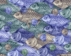 Texture from hand drawn large fish with scales. Carps, perches and dorado in a seamless pattern for textiles and fashion designs