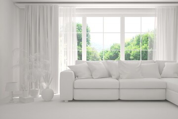 Mock up of stylish room in white color with sofa and green landscape in window. Scandinavian interior design. 3D illustration