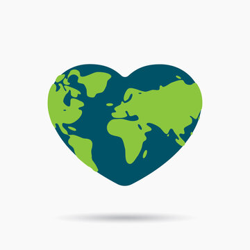 Shaped heart icon flat design of globe symbol or global creative logo for love.