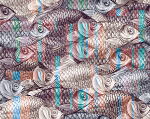 Fototapeta premium Texture from hand drawn large fish with scales. Carps, perches and dorado in a seamless pattern for textiles and fashion designs