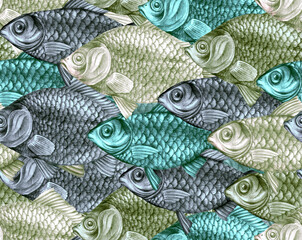 Texture from hand drawn large fish with scales. Carps, perches and dorado in a seamless pattern for textiles and fashion designs