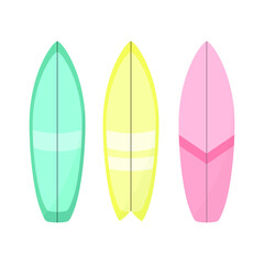 A set of colorful surfboards on a white background.