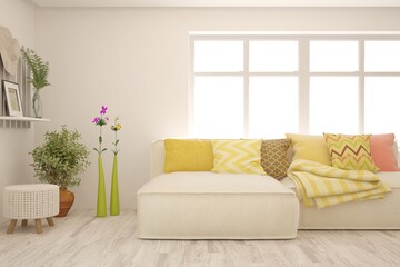 Yellow color living room with sofa. Scandinavian interior design. 3D illustration