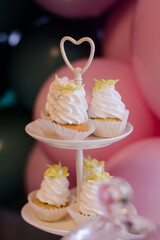 Delicious sweets on candy bar.  Cupcakes.