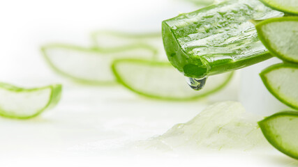 Aloe vera gel dripping from aloe vera slice.Organic Skin Care concept. Sliced Aloe Vera natural organic renewal cosmetics