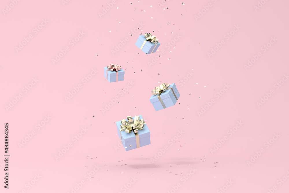 Poster minimal trendy scene of falling gift box on golden confetti particles background, 3d rendering.