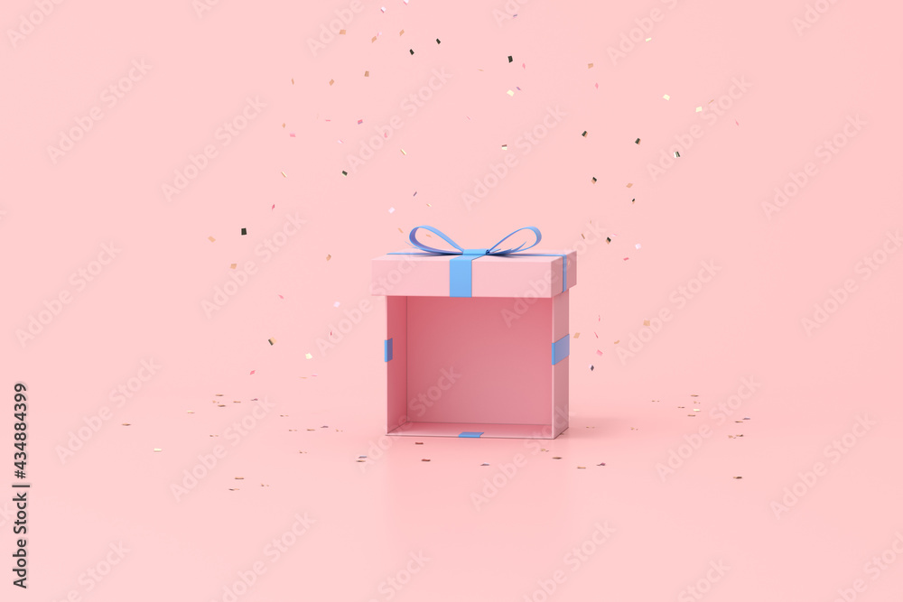 Poster minimal trendy scene of gift box on golden confetti particles background, 3d rendering.