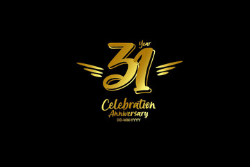 31 year anniversary gold colors on black background  with triple small stripes on left and right- vector 