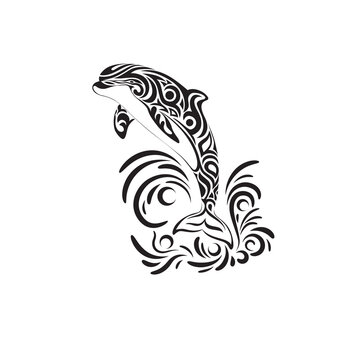Vector illustration of dolphin tattoo on waves in tribal style