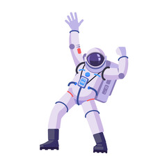 Astronaut with Hands Up and Waving Hello. Spaceman dancing, funny gesture. Cartoon vector illustration isolated in white background