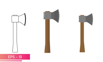 A set of axes with a wooden handle. Realistic and linear design. On a white background. Tools for the forester and woodcutter. Flat vector illustration.