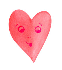 Red heart in a playful mood, watercolor illustration, isolated on white. 