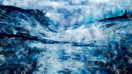 Abstract blue wave ocean watercolor background. Artistic painted background for design, wallpaper, texture. Modern art. Contemporary art.
