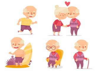 Set of cute grandfather. Funny grandad. Grandparents. Cartoon characters isolate on white background. Vector illustration.