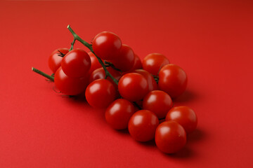 Fresh cherry tomato branch on red background