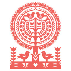 Polish folk art vector pattern Wycinanki Kurpiowskie - Kurpie Papercuts with birds, tree and flowers 
