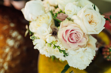 Bouquet of flowers of peonies and roses . Wedding bouquet of the bride.