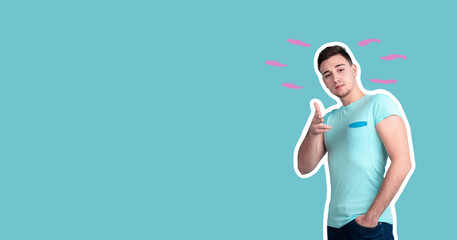 Portrait of young man on blue background in magazine style, collage.