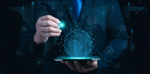 Businessman holding tablet with  global network and data exchanges over the world 3D rendering
