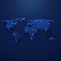 Modern blue world with a mesh of thin bright blue lines and glowing dots on a dark blue background. Conceptual illustration of networks (communication, social, internet, travel).