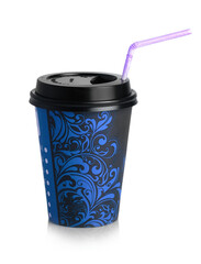 blue paper Cup to drink with straw on a white background