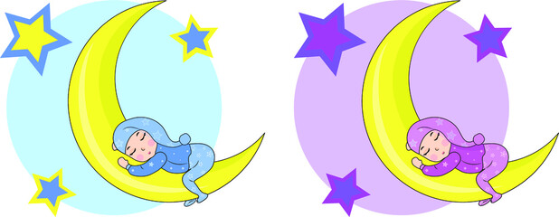 Fototapeta na wymiar A small newborn baby sleeps on a yellow moon with stars, a set of a girl and a boy in pajamas with a cap. Vector drawing on a white background, children's graphics. 