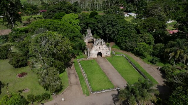 Beautiful cinematic aerial view of Ujarras ruins Church in Cartago