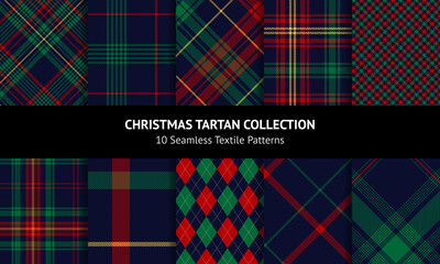 Check plaid pattern set for Christmas in red, green, yellow, navy blue. Seamless dark multicolored tartan vector plaids for flannel shirt, blanket, other modern winter holiday fashion fabric design.