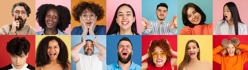 Portraits of group of people on multicolored background, collage.
