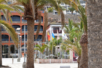 Entrance to Hotel Complex with Flags seen through Palm Trees on Sunny Day