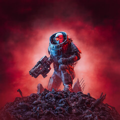 Cyberpunk soldier after battle / 3D illustration of science fiction military robot warrior standing amid rubble and human skulls with ominous red sky - 434889177