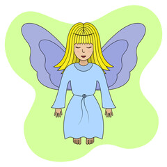 Angel with wings. Colored vector illustration. Blonde girl. The fairy lady closed her eyes. The little sorceress is flying. Isolated green background. Cartoon style. Festive print. 