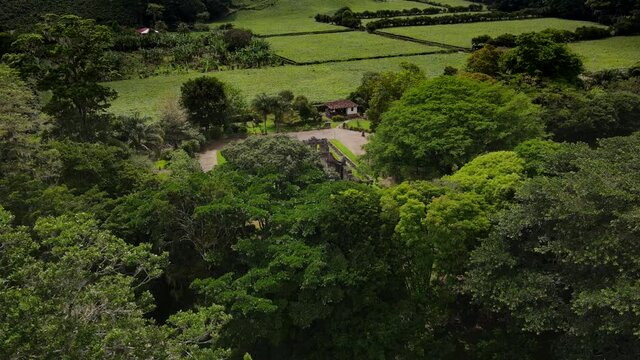 Beautiful cinematic aerial view of Ujarras ruins Church in Cartago