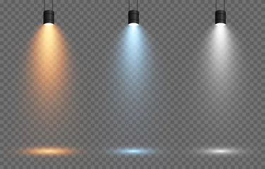 Foto op Aluminium Vector set of light. Light source, studio lighting, walls, png. Yellow, golden, blue, white light. Spot lighting, spotlight PNG. Rays, light effect. © Vitaliy