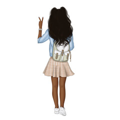 African American Girl With Backpack Hand Drawn Illustration	