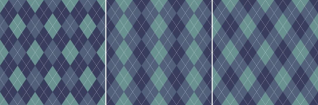 Argyle pattern in blue and green. Seamless vector geometric stitched argyll dark background graphic set for spring gift paper, socks, sweater, jumper, other fashion everyday textile or paper print.
