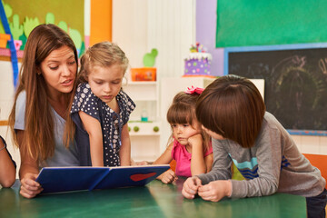 Childminder reading a book to a group of children