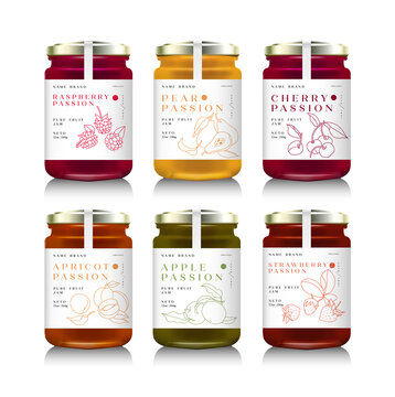 Vector illustration glass jars with with various of jam or honey. Packaging collection. Mock up jam jars with design labels.