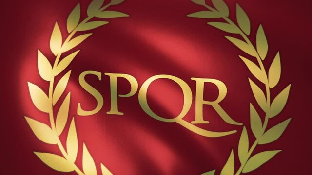 風にはためくローマ帝国の旗（SPQR）のCGループ映像