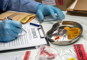 Criminalistics police write victim's details in bloodstained gauze murder, conceptual image