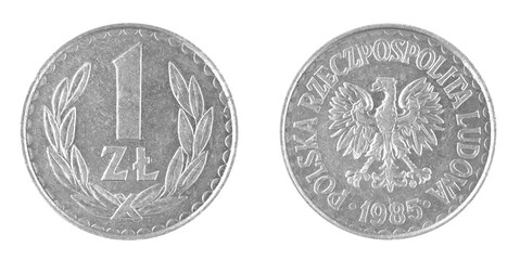 Polish one 1 zloty coin PRL 1985 isolated on a white background