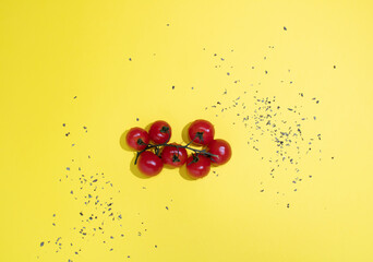 Charry tomatoes in a small bowl on a yellow background with oregano. Minimal flat lay.